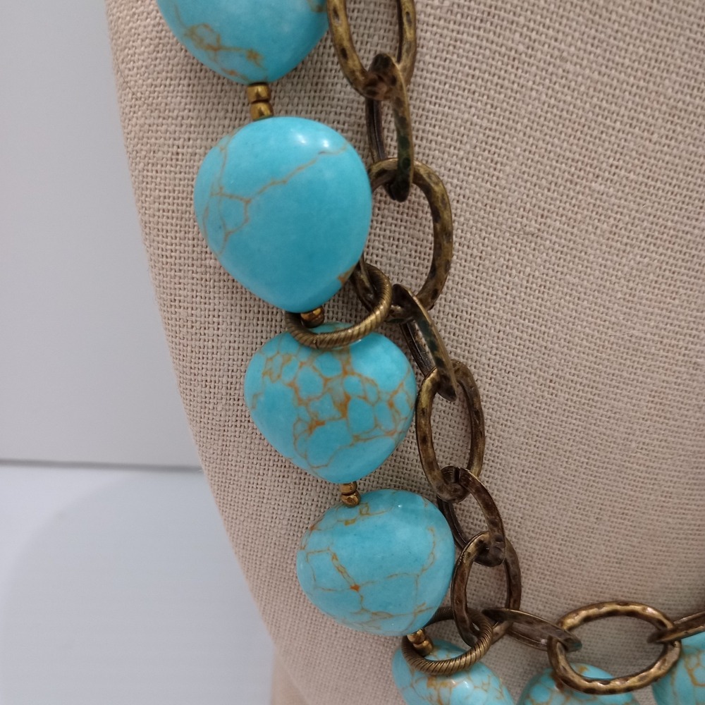 Premier Designs Turquoise Statement Necklace Gold Tone Signed - Picture 2 of 9